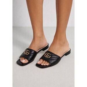 100% Authentic Gucci Marmont Quilted Puffer Black Leather Slide Sandals 38 8